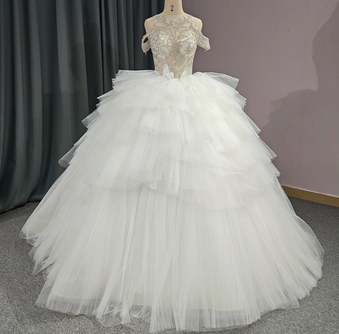 Beautiful Sequinned Lace Halter Neck With Detached Off The Shoulder Sleeves Organza Layered Bridal Ball Gown