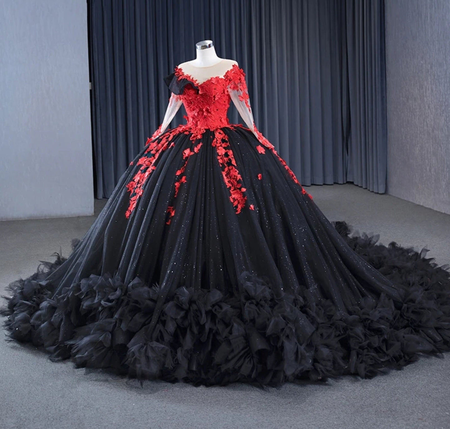 Black & Red Illusion Sweetheart Floral Bodice With Sheer Long Sleeves Shimmering Quinceañera Special Occasion Bat Gown With Frill Hem
