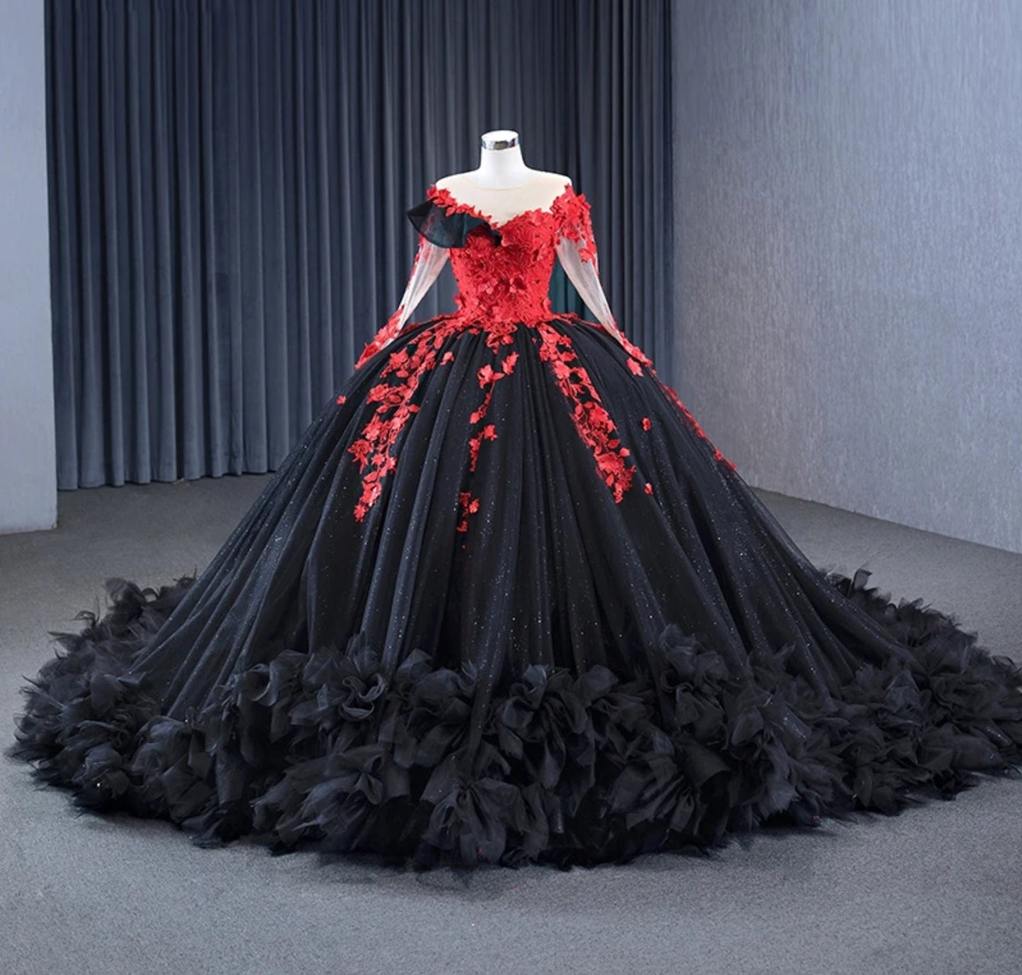 Black & Red Illusion Sweetheart Floral Bodice With Sheer Long Sleeves Shimmering Quinceañera Special Occasion Bat Gown With Frill Hem