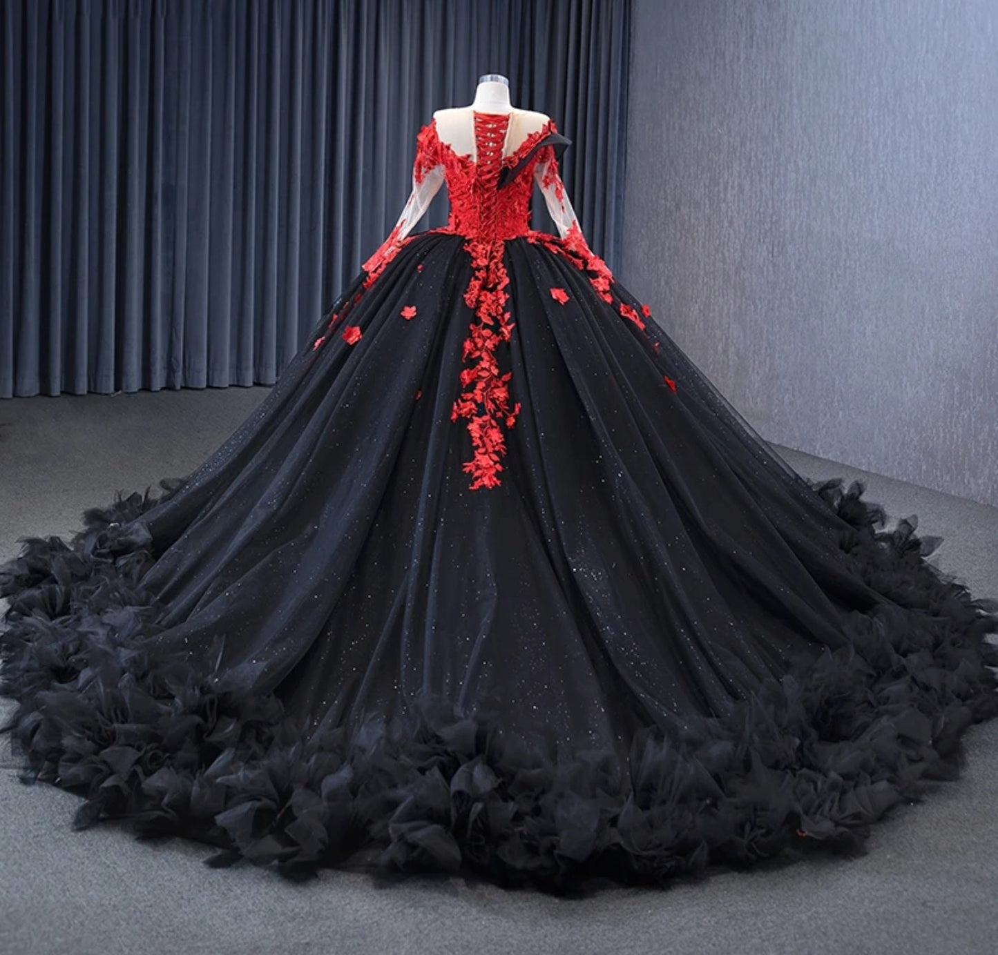 Black & Red Illusion Sweetheart Floral Bodice With Sheer Long Sleeves Shimmering Quinceañera Special Occasion Bat Gown With Frill Hem