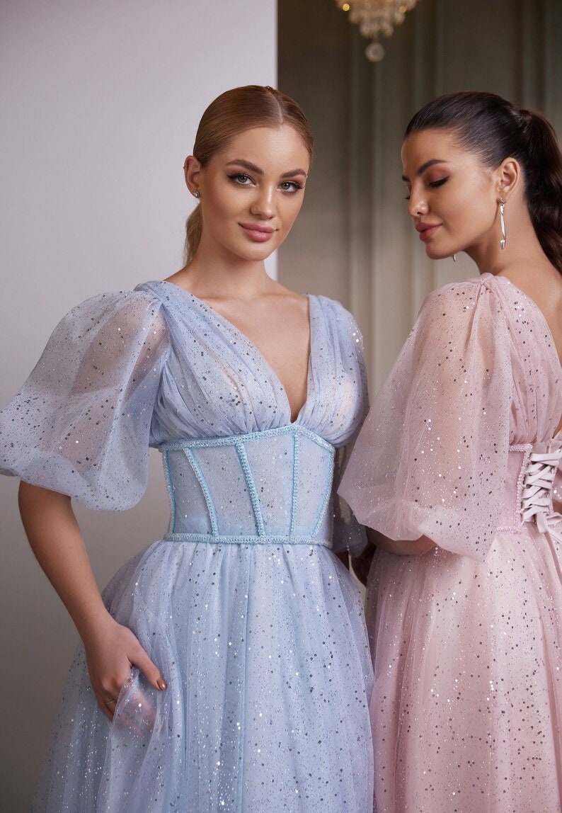 Glitter Sparkling Half Sleeve Pleated Plunging V Neck Corset Style Bridesmaid, Maid Of Honor, Prom, Homecoming, Special Occasion Gown