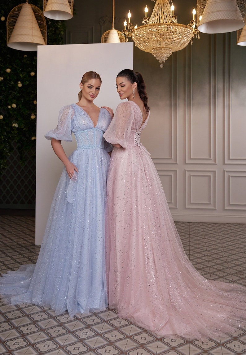 Glitter Sparkling Half Sleeve Pleated Plunging V Neck Corset Style Bridesmaid, Maid Of Honor, Prom, Homecoming, Special Occasion Gown