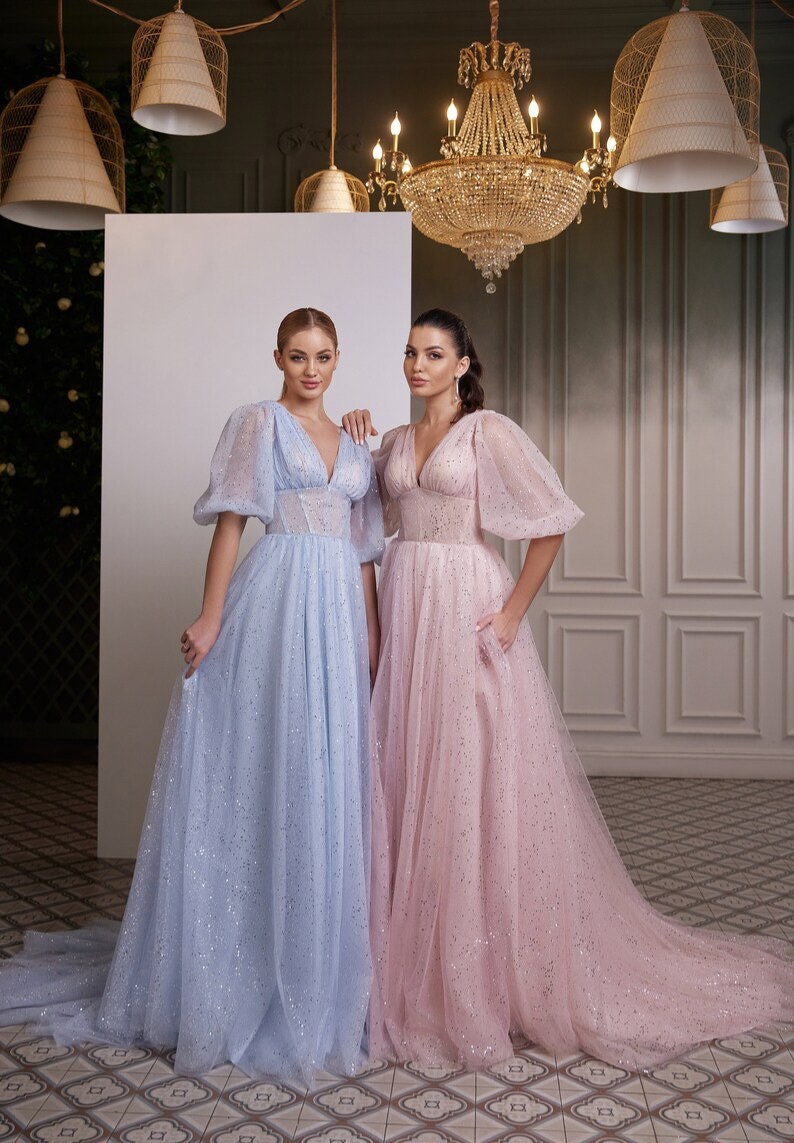 Glitter Sparkling Half Sleeve Pleated Plunging V Neck Corset Style Bridesmaid, Maid Of Honor, Prom, Homecoming, Special Occasion Gown