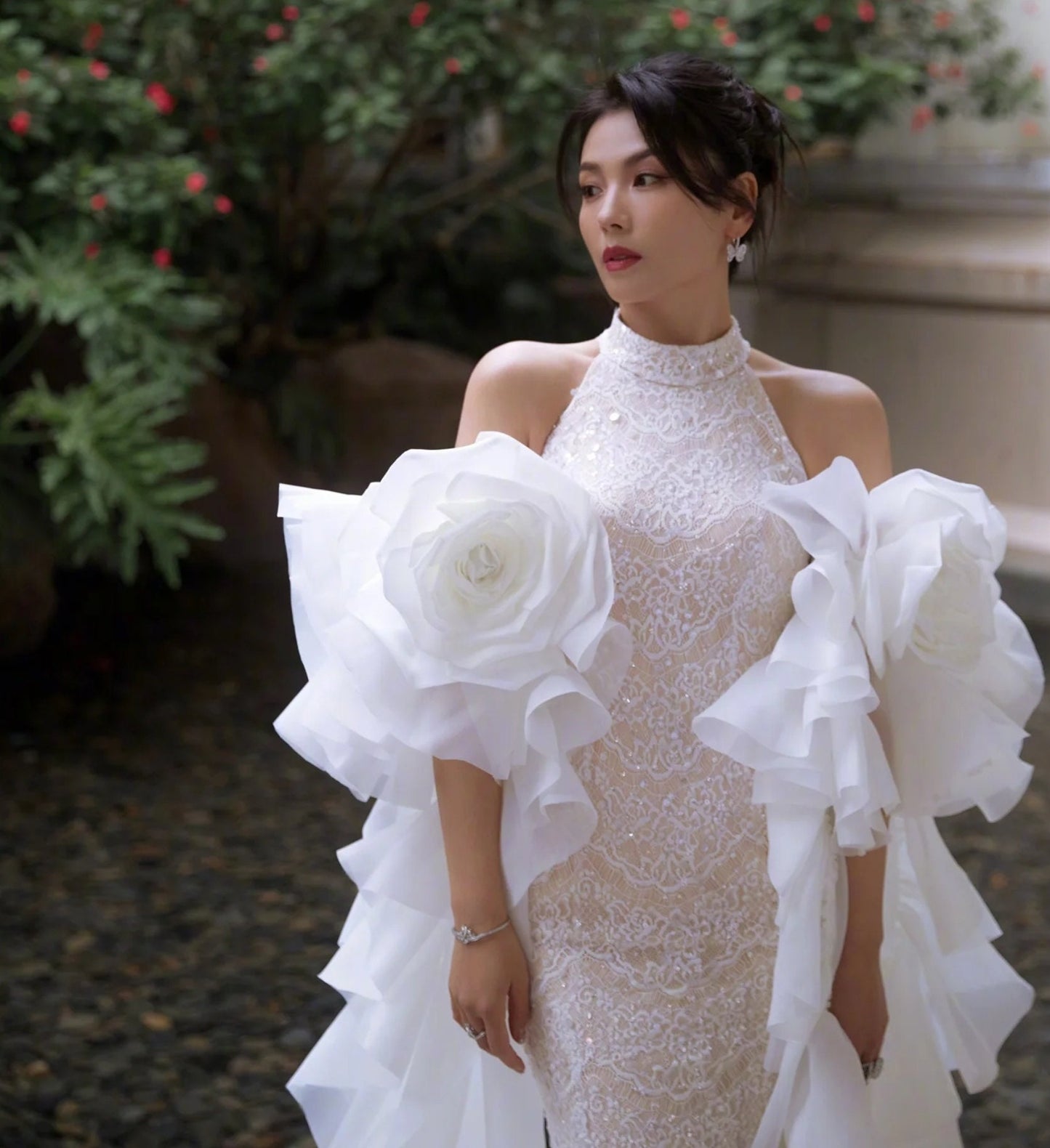 Detached Dramatic Beautiful Satin Organza Ruffled Oversized Floor Length Flower Bicep Sleeves