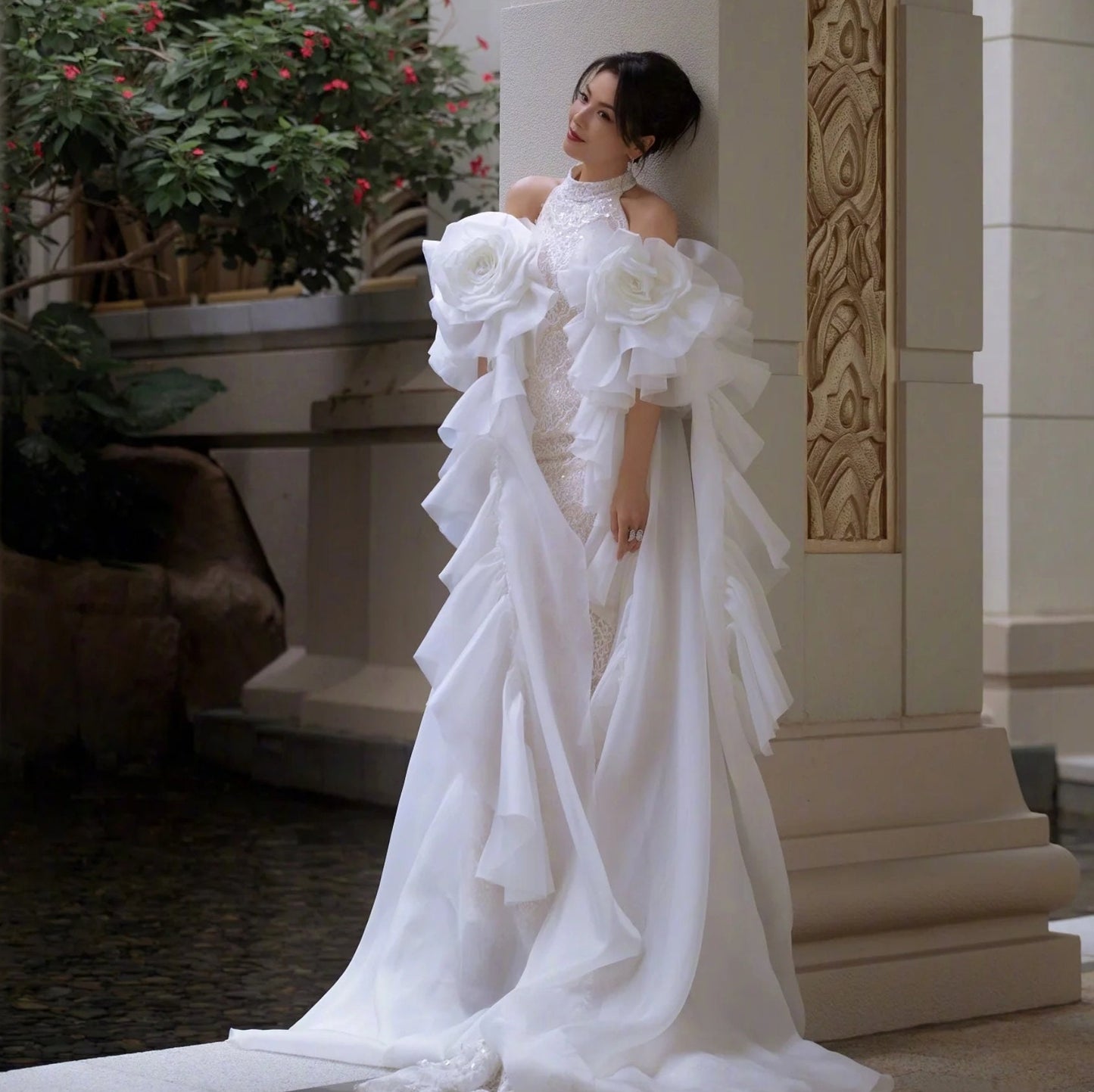 Detached Dramatic Beautiful Satin Organza Ruffled Oversized Floor Length Flower Bicep Sleeves