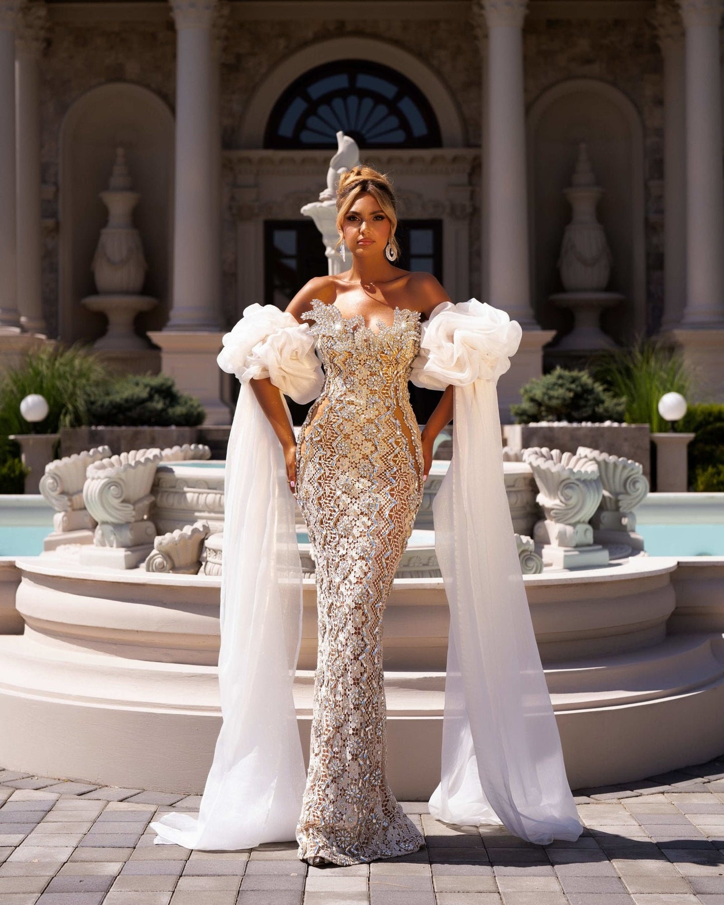 Detached Ruffled Lovely Satin Organza Floor Length Bicep Cloud Sleeves