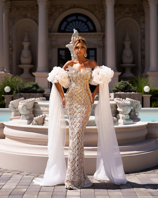 Detached Ruffled Lovely Satin Organza Floor Length Bicep Cloud Sleeves