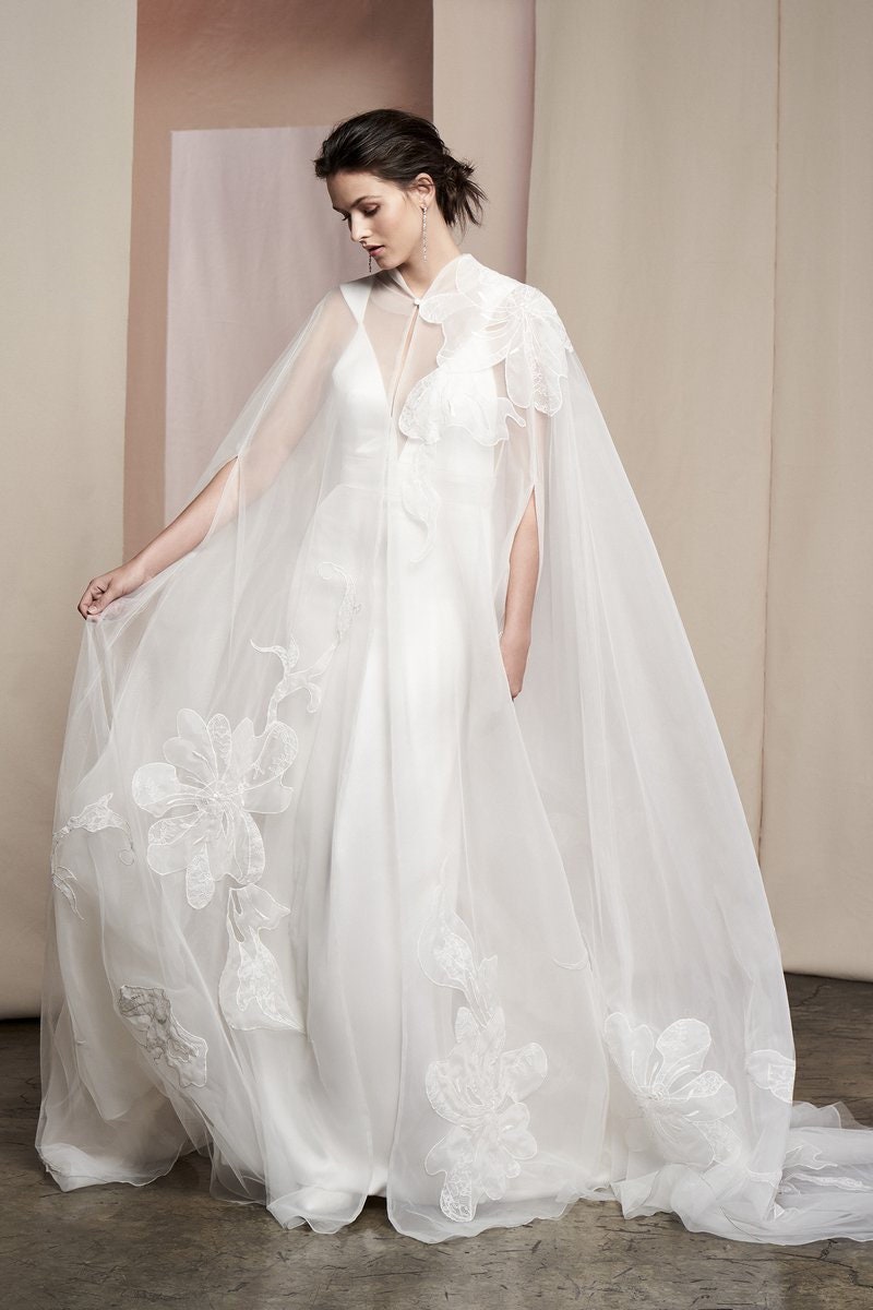 Bold Flower Sheer Bicep Split Button Neck Enclosure Floor Length Bridal Cape