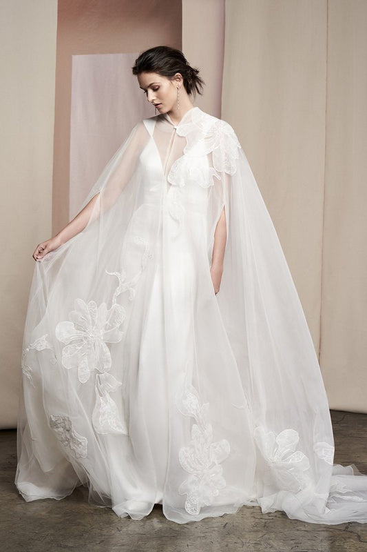 Bold Flower Sheer Bicep Split Button Neck Enclosure Floor Length Bridal Cape