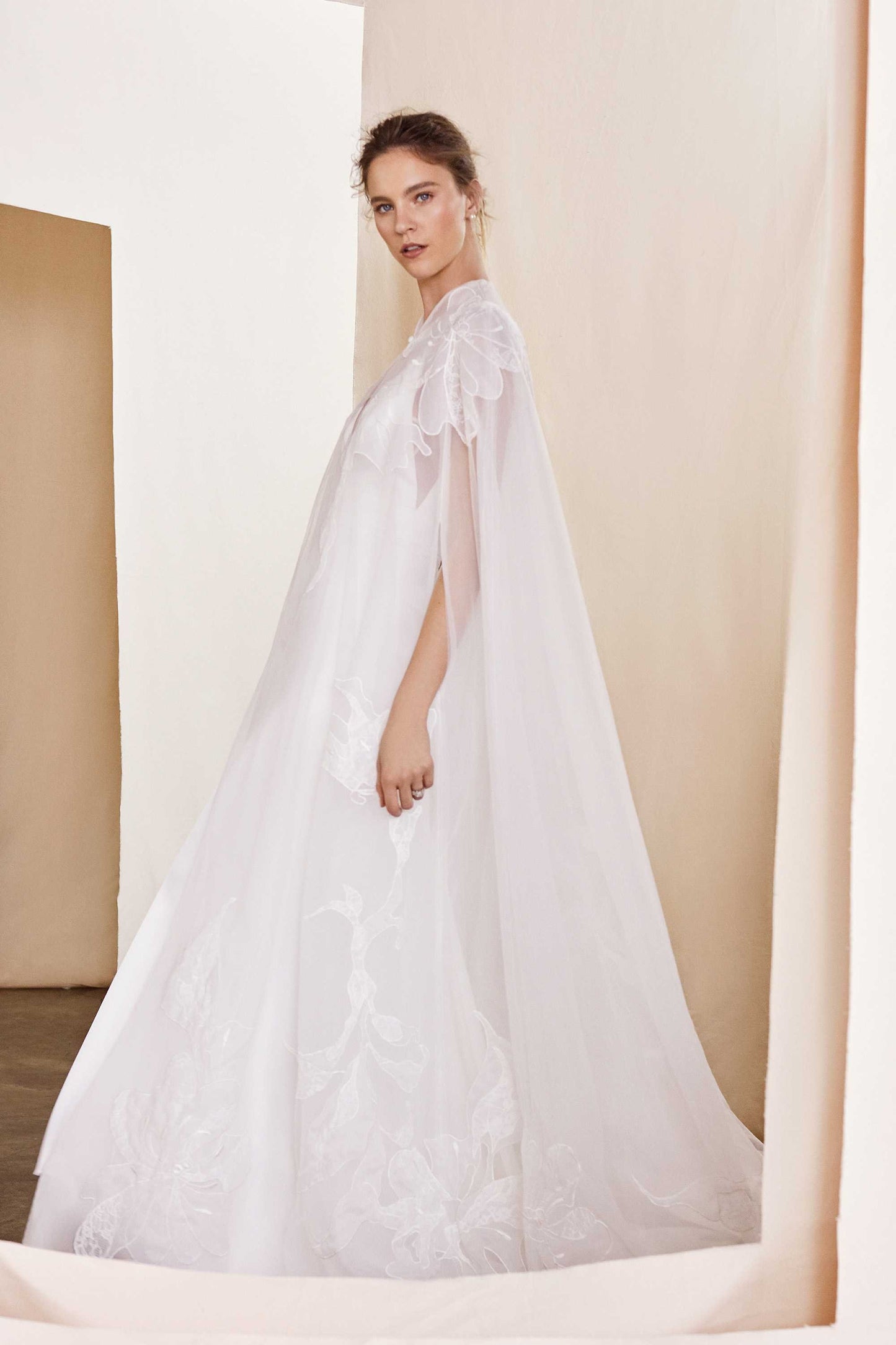 Bold Flower Sheer Bicep Split Button Neck Enclosure Floor Length Bridal Cape