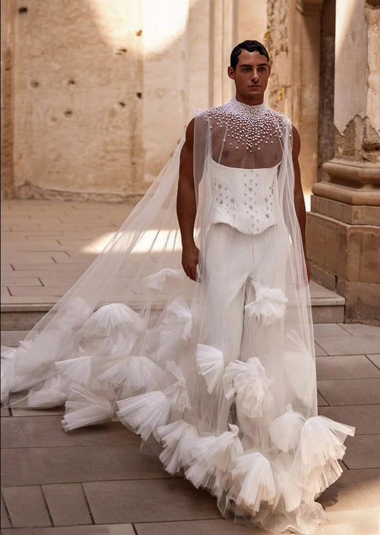 Sheer Pearl Beaded High Neck With Scattered Pleated Tulle Puff Detail Bridal Special Occasion Event Cape Shawl
