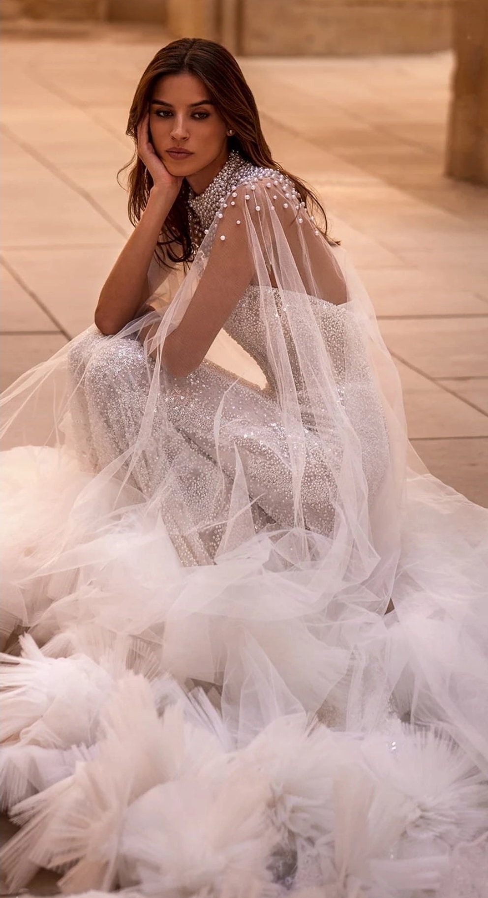 Sheer Pearl Beaded High Neck With Scattered Pleated Tulle Puff Detail Bridal Special Occasion Event Cape Shawl