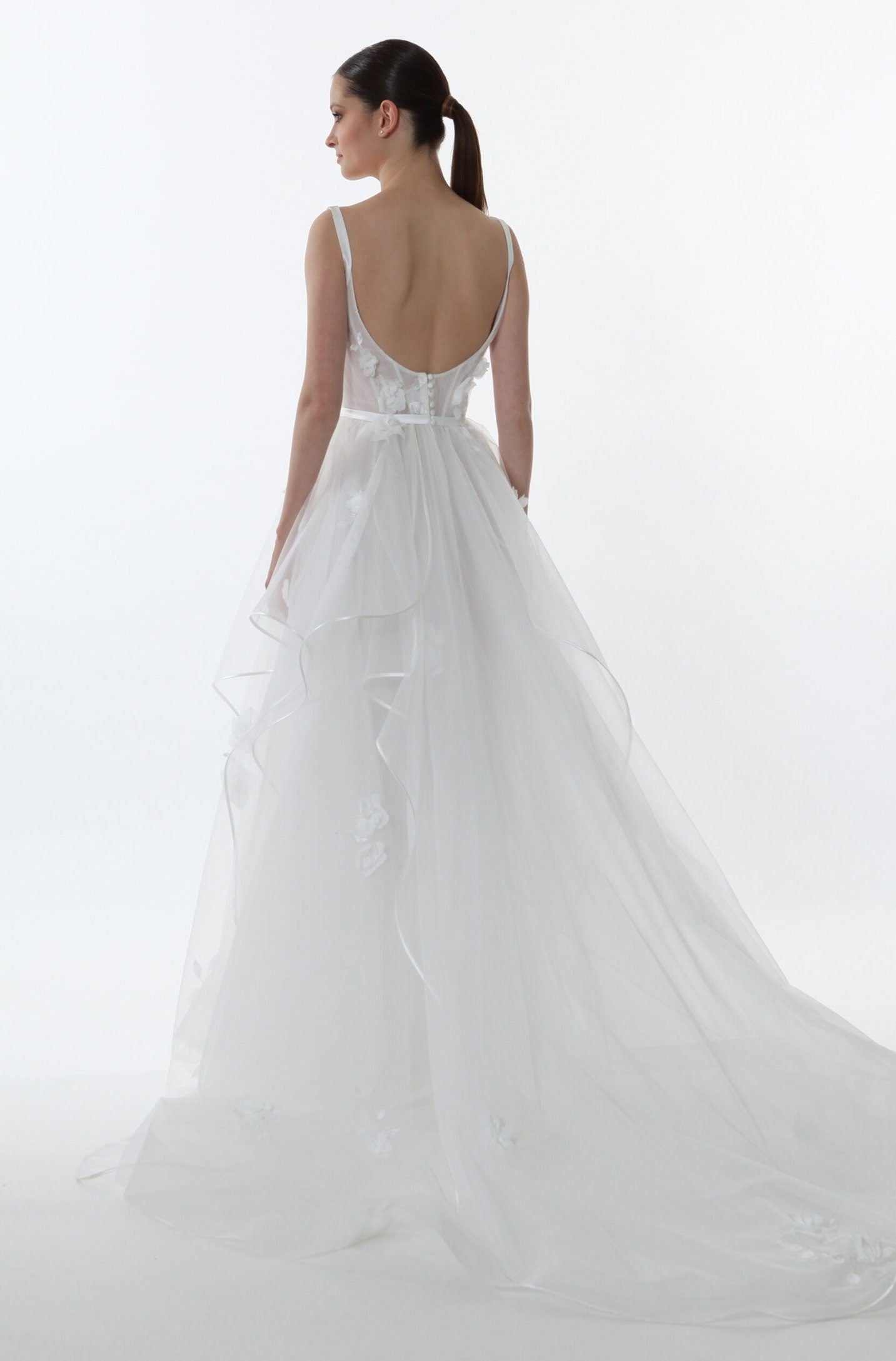Delicate Sleeveless Pleated Floral Scattered Layered Ruffle With Satin Trim Scoop Neck Open Back Gown
