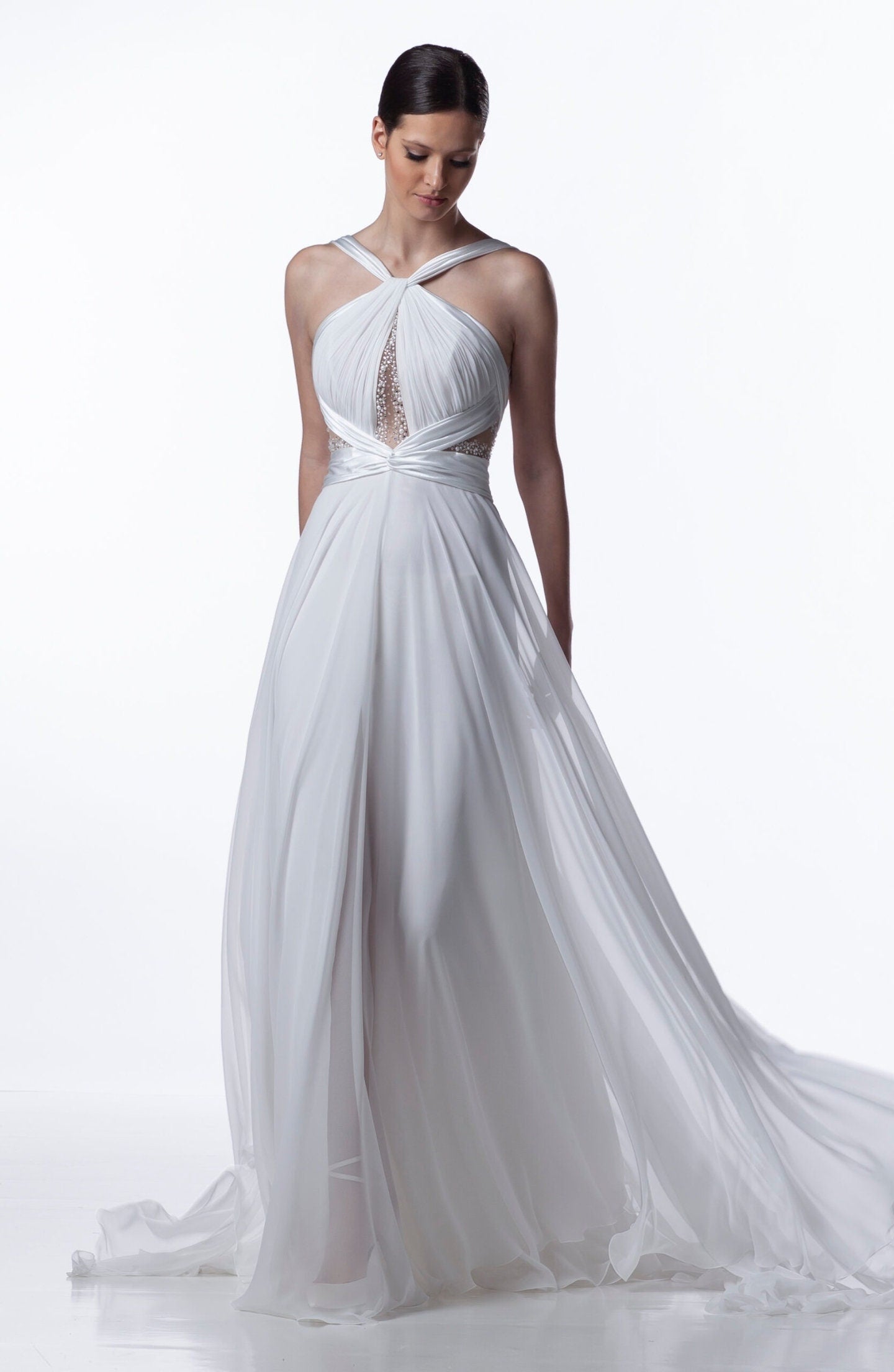 criss cross halter wedding dress Halter Sweep Train Criss-Cross Straps Wedding Dress With Beading Lace US6 / Custom Color