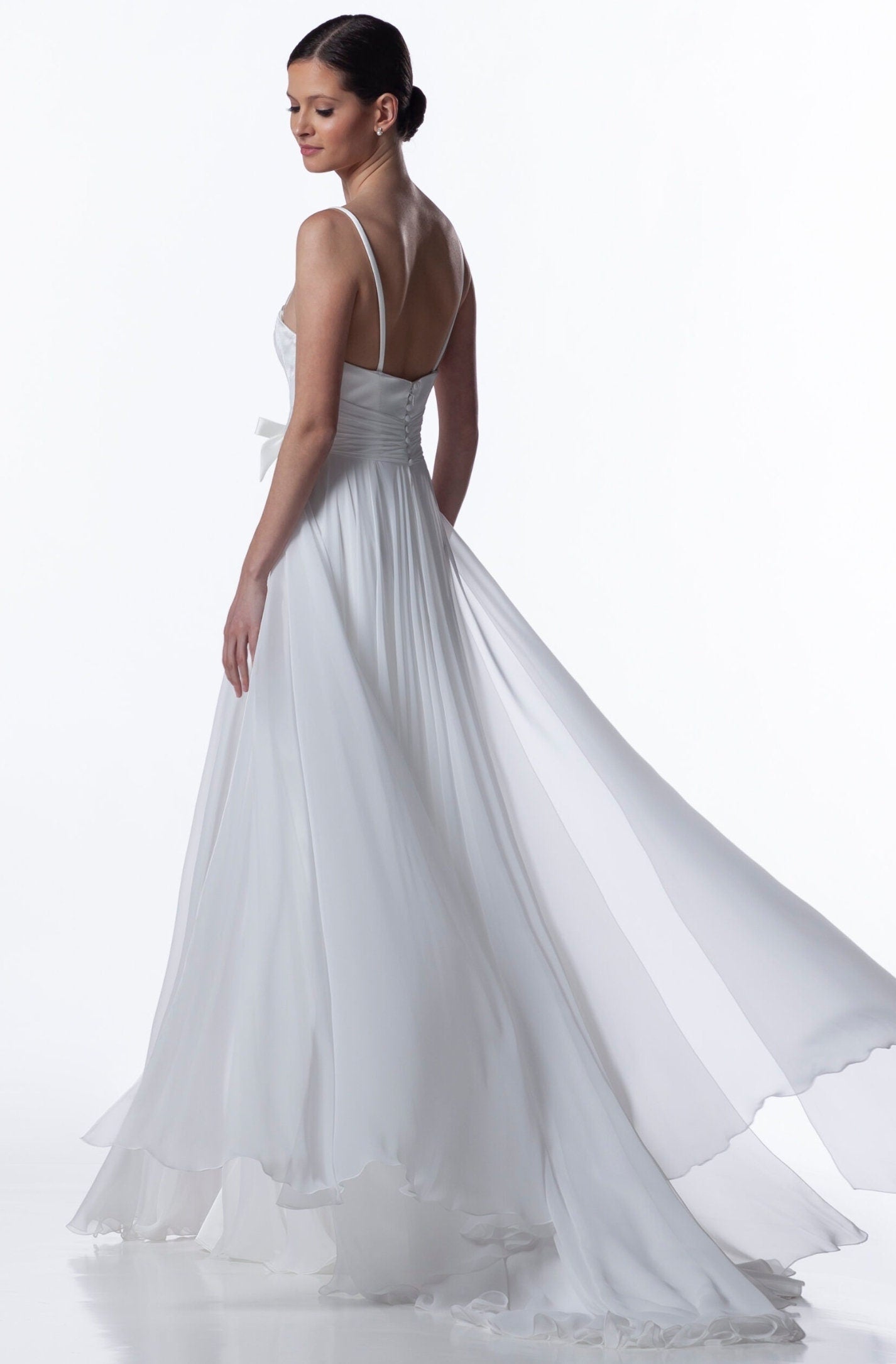 Spaghetti Strap Pleated Sweetheart Cross Cross Bow Knot Tie Detail Front W/ Button Up Back Enclosure Minimalist Beach Wedding Inspired Gown