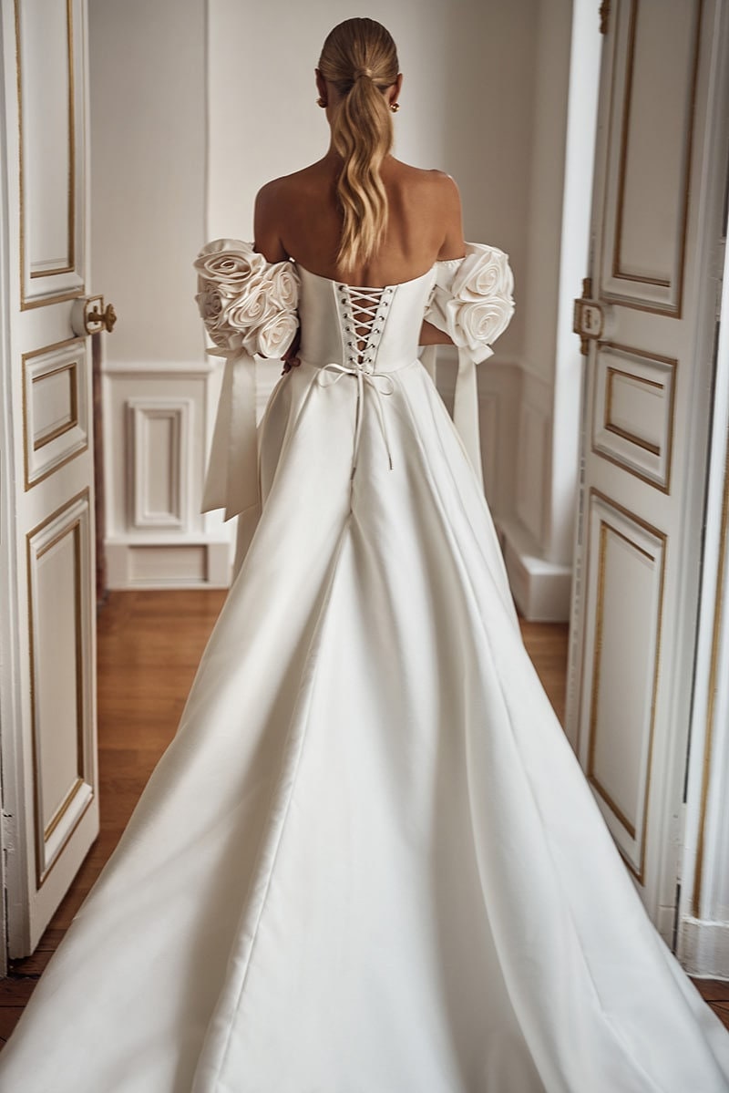 Detached Bicep Flower Bouquet Sleeves With Draped Ribbon Detail