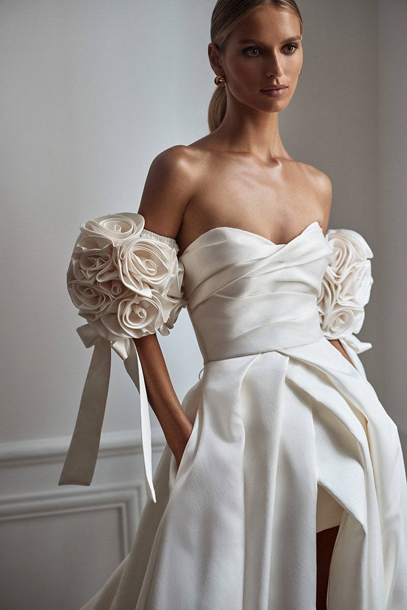 Detached Bicep Flower Bouquet Sleeves With Draped Ribbon Detail