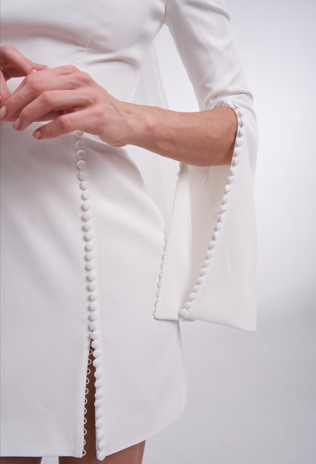 Off The Shoulder Pleated Split Multi Button Detail Sleeve Above The Knee Split Hem Button Detail Pencil Column Dress