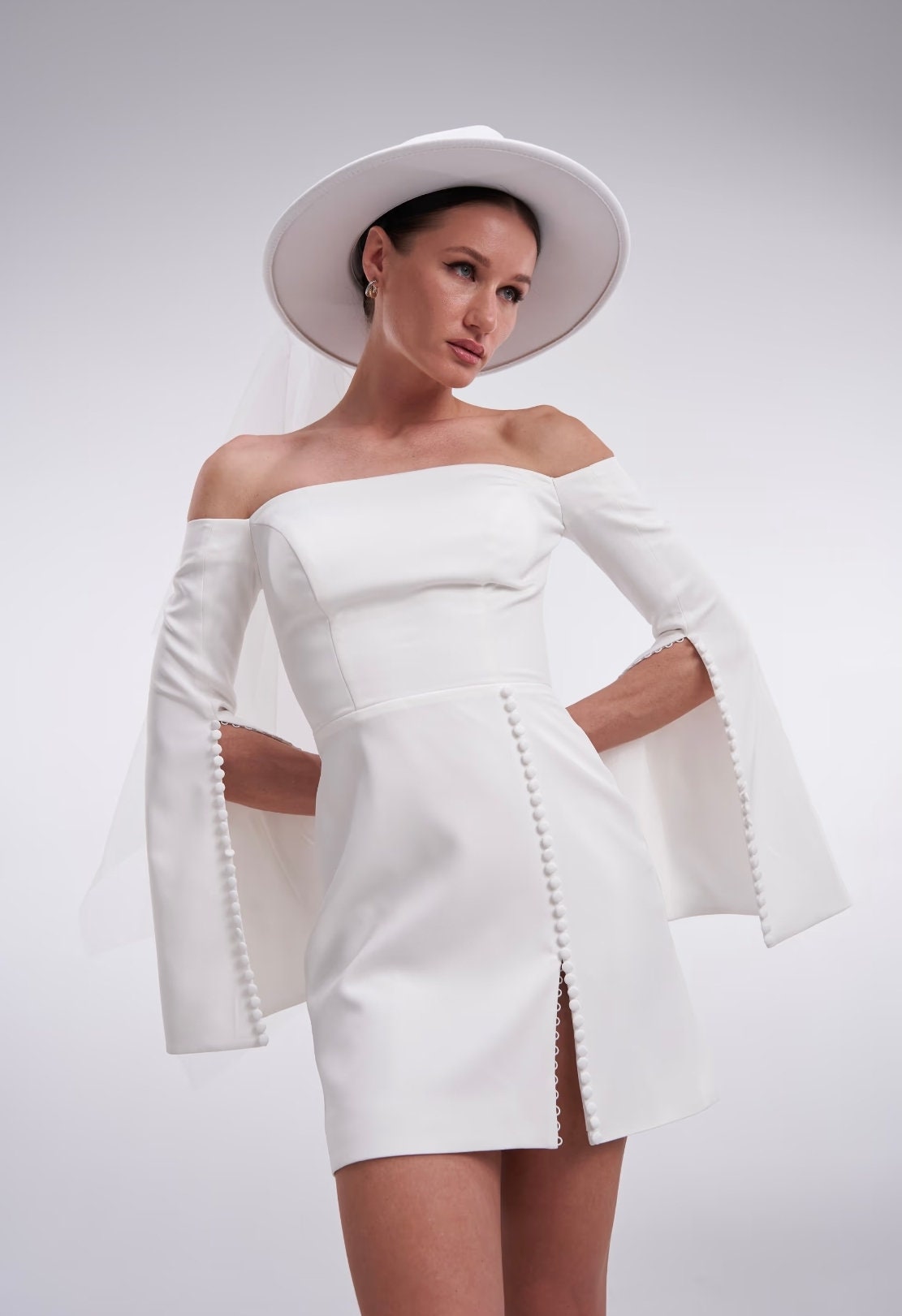Off The Shoulder Pleated Split Multi Button Detail Sleeve Above The Knee Split Hem Button Detail Pencil Column Dress