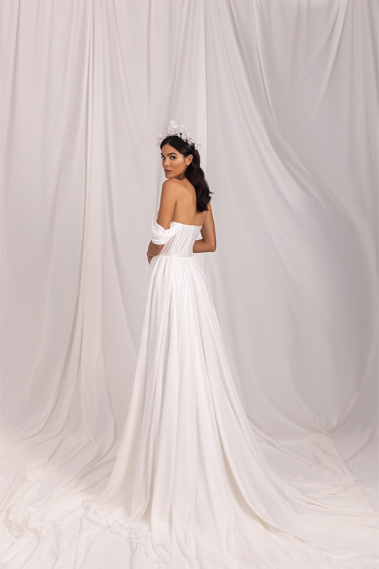 One Shoulder Half Pleated Half Beaded Embellished Sweetheart Split Hem A-Line Gown