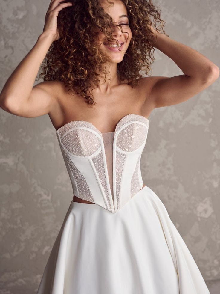 Corset Shimmering Plunging Sweetheart Pleated Strapless 2 Piece A-Line Bridal/Special Occasion Gown Set