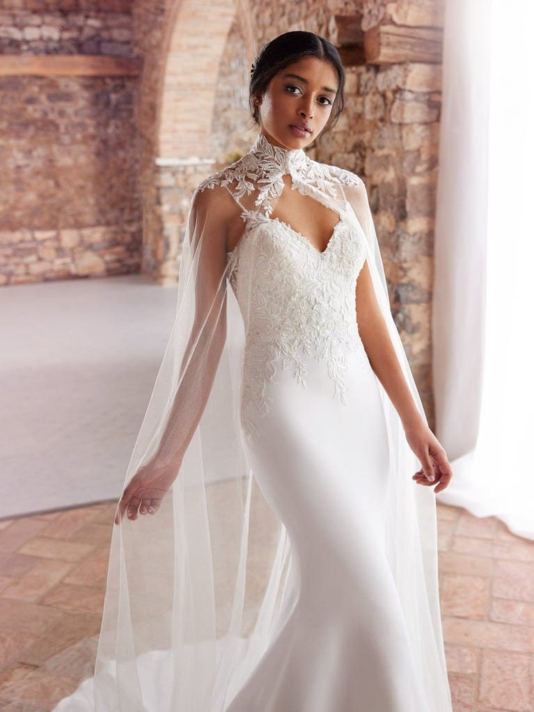 Sleeveless Pearl Beaded Spaghetti Strap Floral Lace Bodice Mermaid/Trumpet Gown WITH Matching Cape