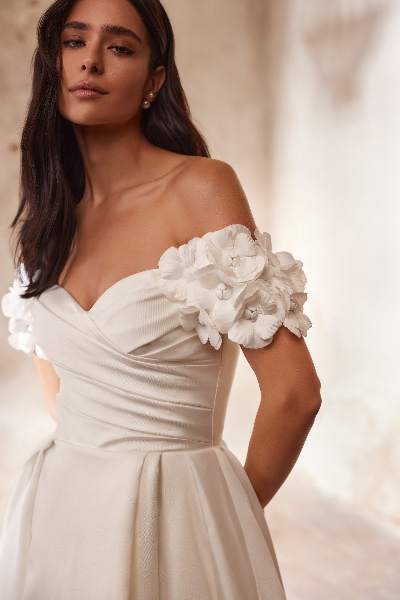 Floral Off The Shoulder Pleated Simple Minimalist Sweetheart A-Line Bridal Gown