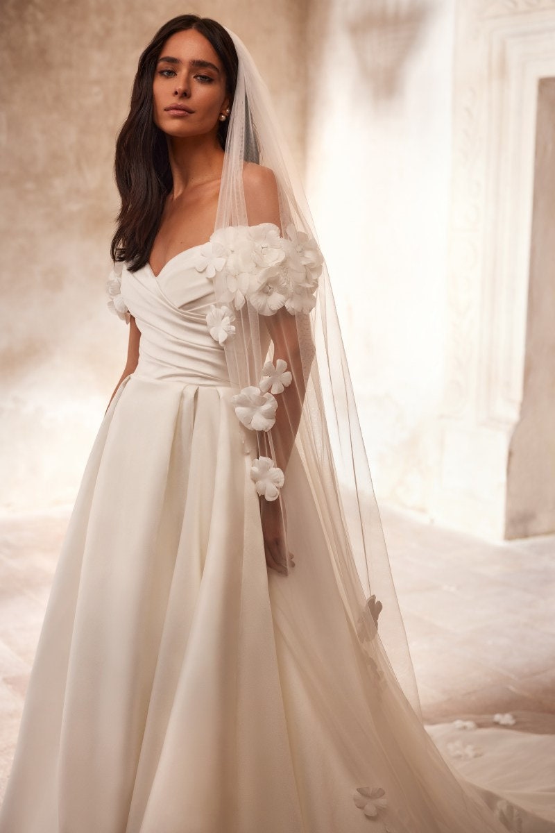 Floral Off The Shoulder Pleated Simple Minimalist Sweetheart A-Line Bridal Gown