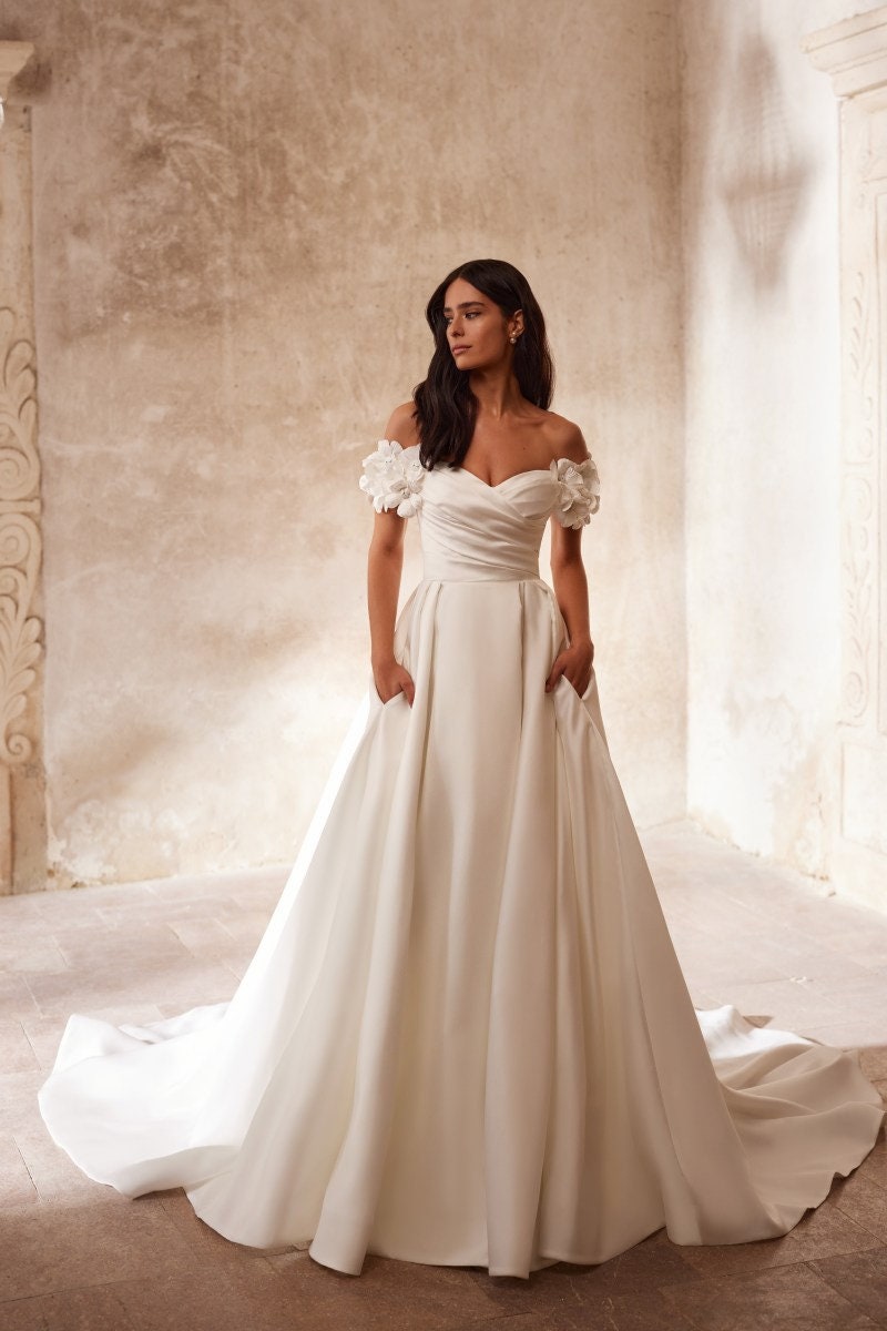 Floral Off The Shoulder Pleated Simple Minimalist Sweetheart A-Line Bridal Gown