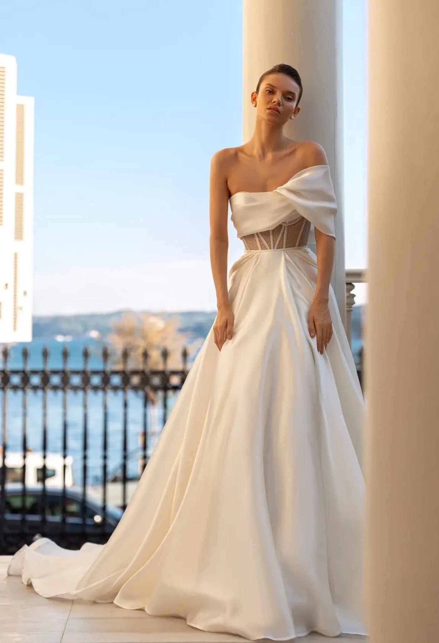 Pleated One Shoulder Shimmering Corset Bodice With A-Line Floor Length Skirt