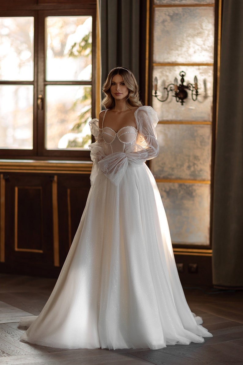 crystal beaded corset wedding dress Crystal Beaded Sheer Illusion Sweetheart Neckline Satin Pleated Wedding Gown - Alisse Bridal Winter White / Satin