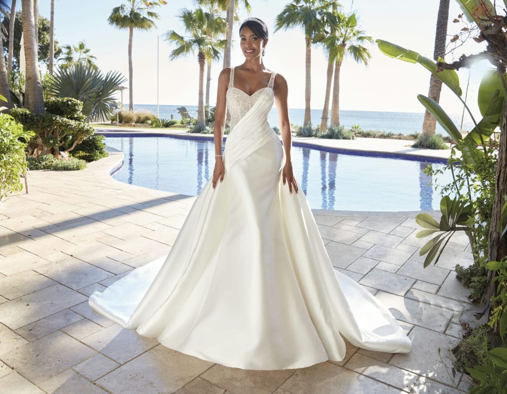 Full Pearl Beaded Sleeveless Corset Style Bodice With Pleated Cross Sa WenLeeBridal Full Pearl Beaded Sleeveless Corset Style Bodice With Pleated Cross Sa WenLeeBridal