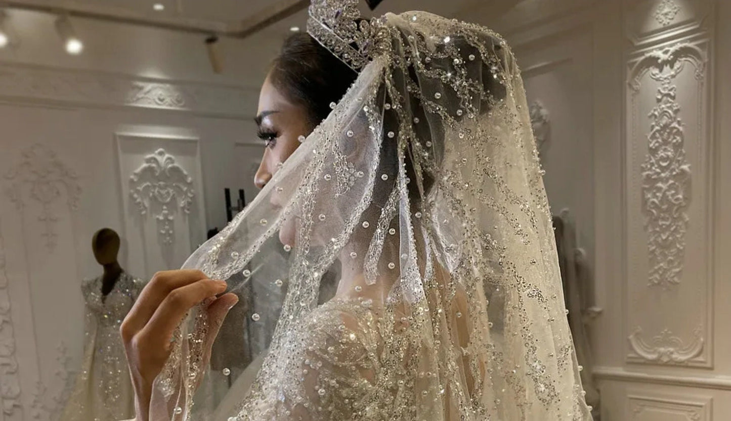 Sequin Beaded Sparkling Lace Shimmering Tulle Bridal Veil