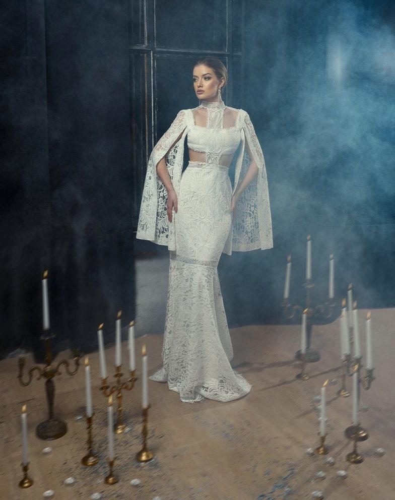 Floral Lace Aztec Inspired Cut Out Split Long Sleeve Trumpet Gown WenLeeBridal Floral Lace Aztec Inspired Cut Out Split Long Sleeve Trumpet Gown WenLeeBridal