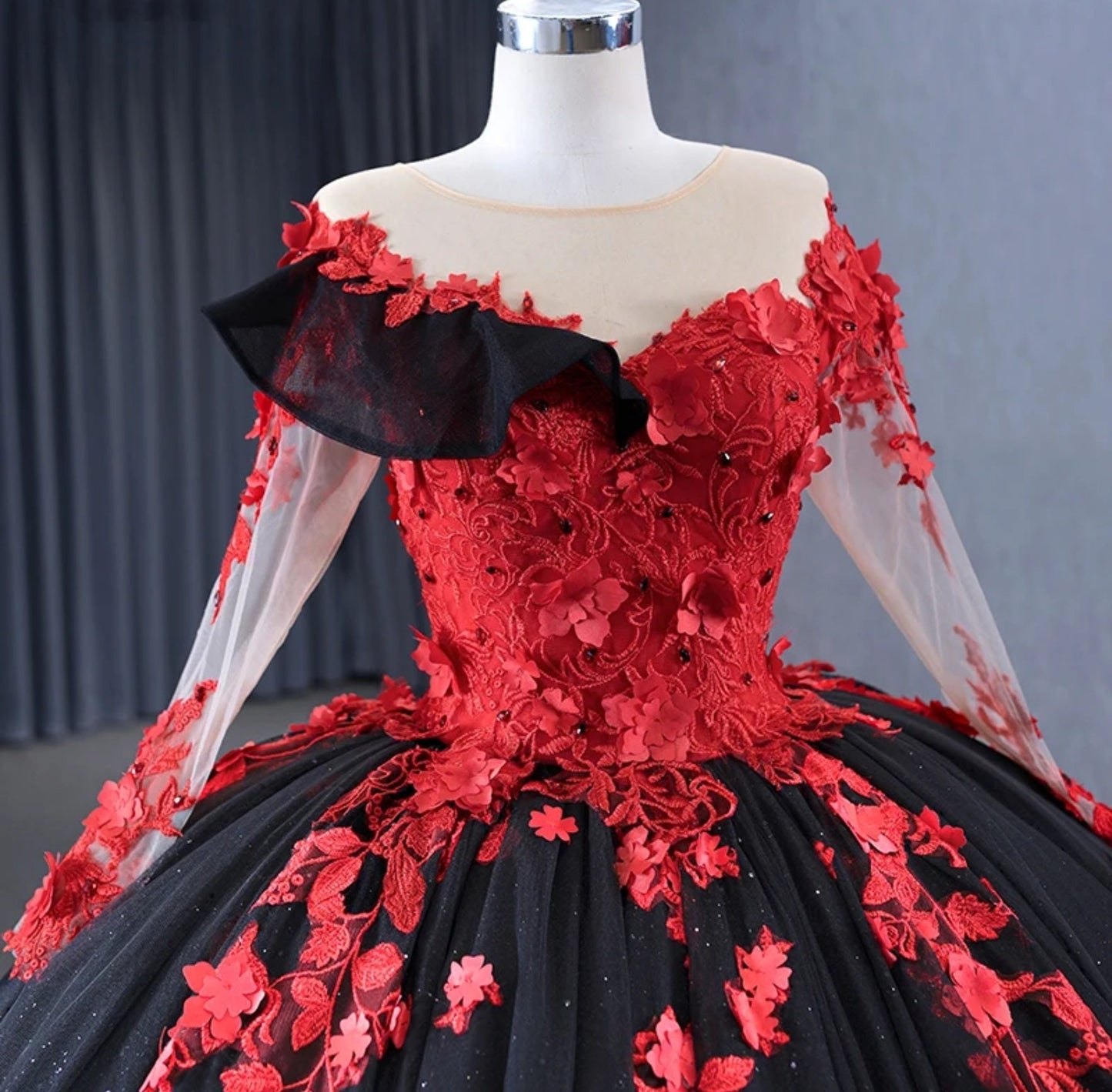 Black & Red Illusion Sweetheart Floral Bodice With Sheer Long Sleeves Shimmering Quinceañera Special Occasion Bat Gown With Frill Hem