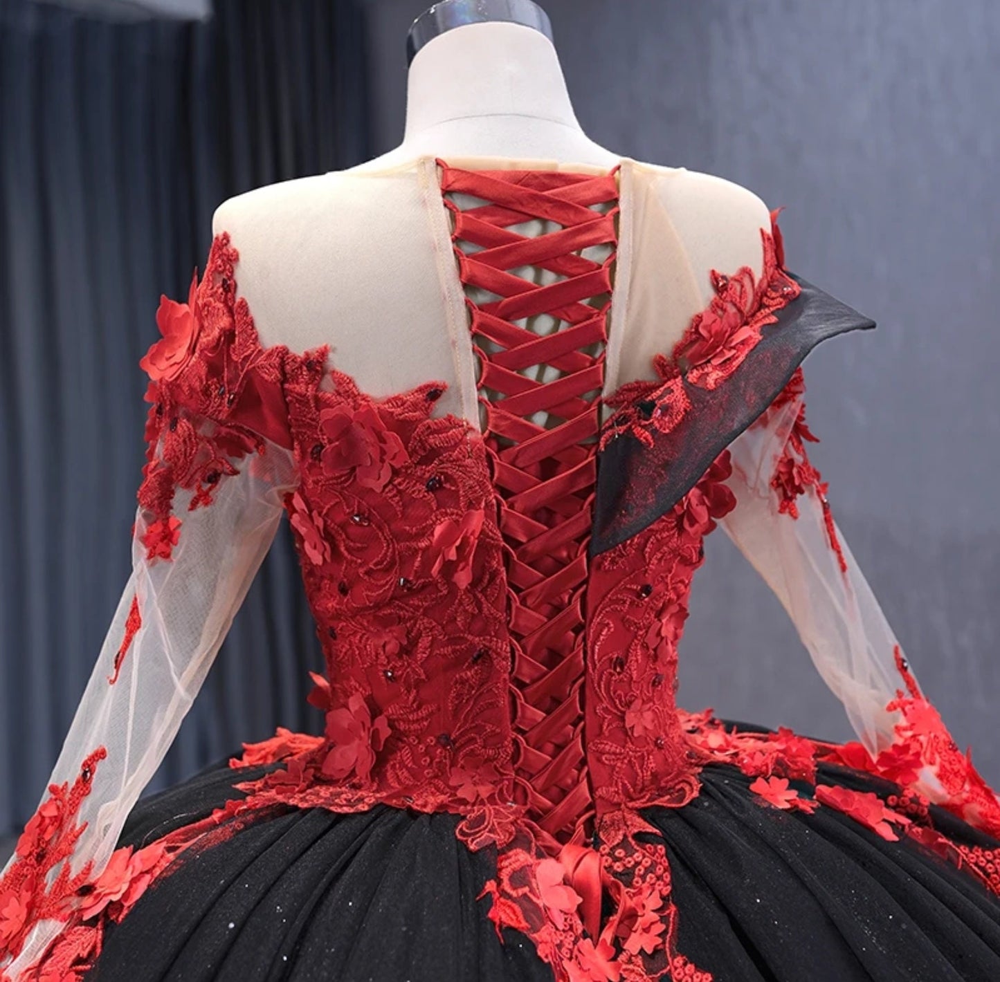 Black & Red Illusion Sweetheart Floral Bodice With Sheer Long Sleeves Shimmering Quinceañera Special Occasion Bat Gown With Frill Hem