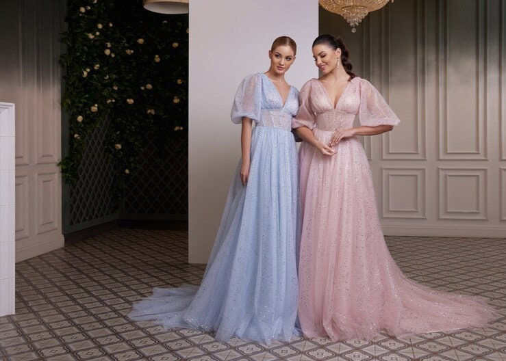 Glitter Sparkling Half Sleeve Pleated Plunging V Neck Corset Style Bridesmaid, Maid Of Honor, Prom, Homecoming, Special Occasion Gown