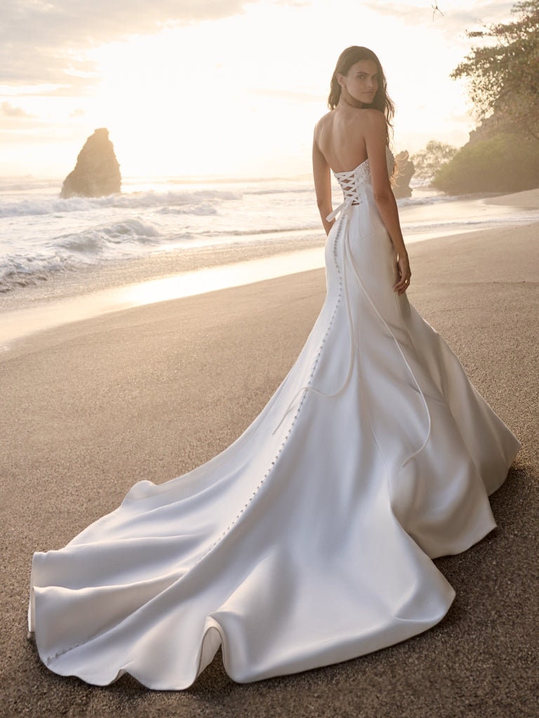 Strapless Pearl Beaded Overlay Boat Neck Pleated High Waisted Open Back Lace Up Enclosure Mermaid Gown