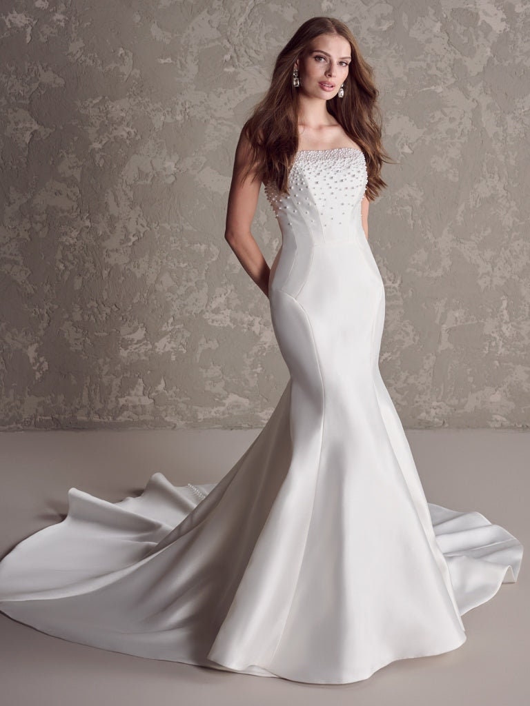 Strapless Pearl Beaded Overlay Boat Neck Pleated High Waisted Open Back Lace Up Enclosure Mermaid Gown