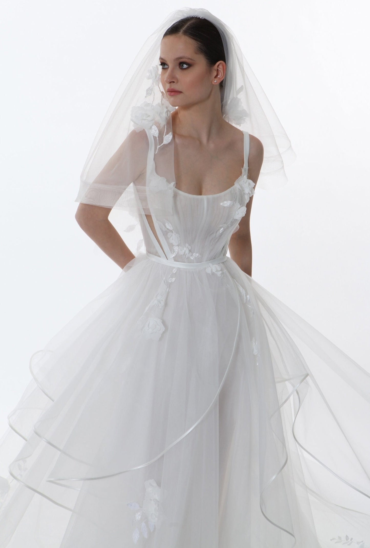 Delicate Sleeveless Pleated Floral Scattered Layered Ruffle With Satin Trim Scoop Neck Open Back Gown