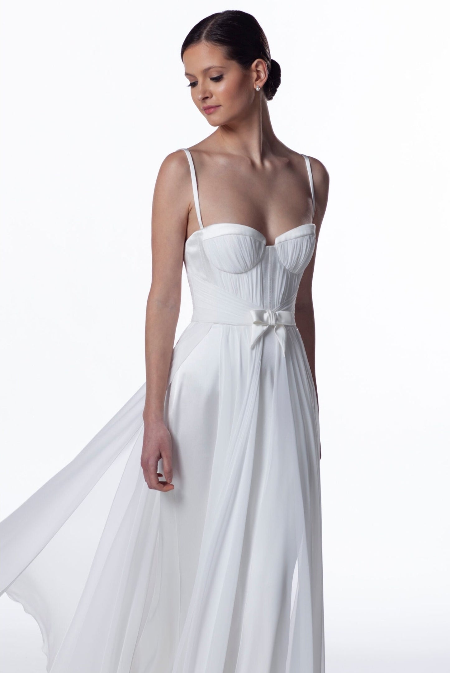 Spaghetti Strap Pleated Sweetheart Cross Cross Bow Knot Tie Detail Front W/ Button Up Back Enclosure Minimalist Beach Wedding Inspired Gown