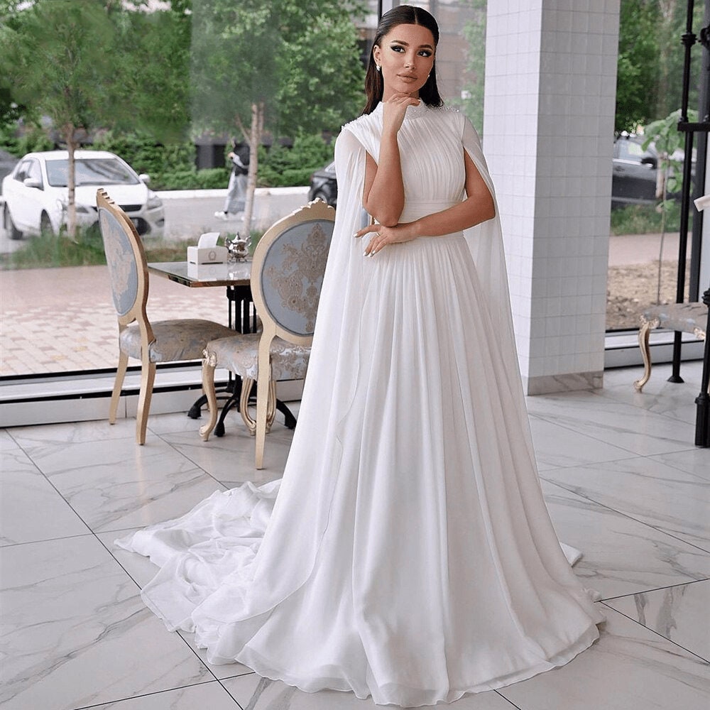 Beautiful Modest Chiffon Pleated Crystal Beaded High Neck Split Flare WenLeeBridal Beautiful Modest Chiffon Pleated Crystal Beaded High Neck Split Flare WenLeeBridal
