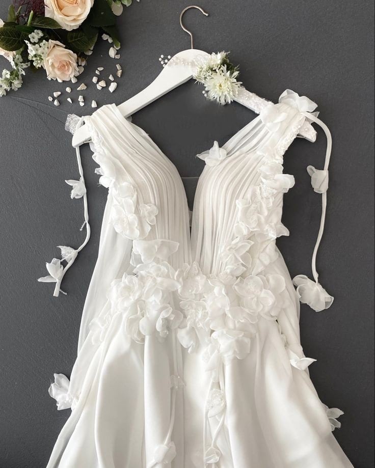 Chiffon Pleated V Neck Sleeveless 3D Floral Effortless Simple Flowing Bridal, Ceremony Gown With Matching Detached Sleeves