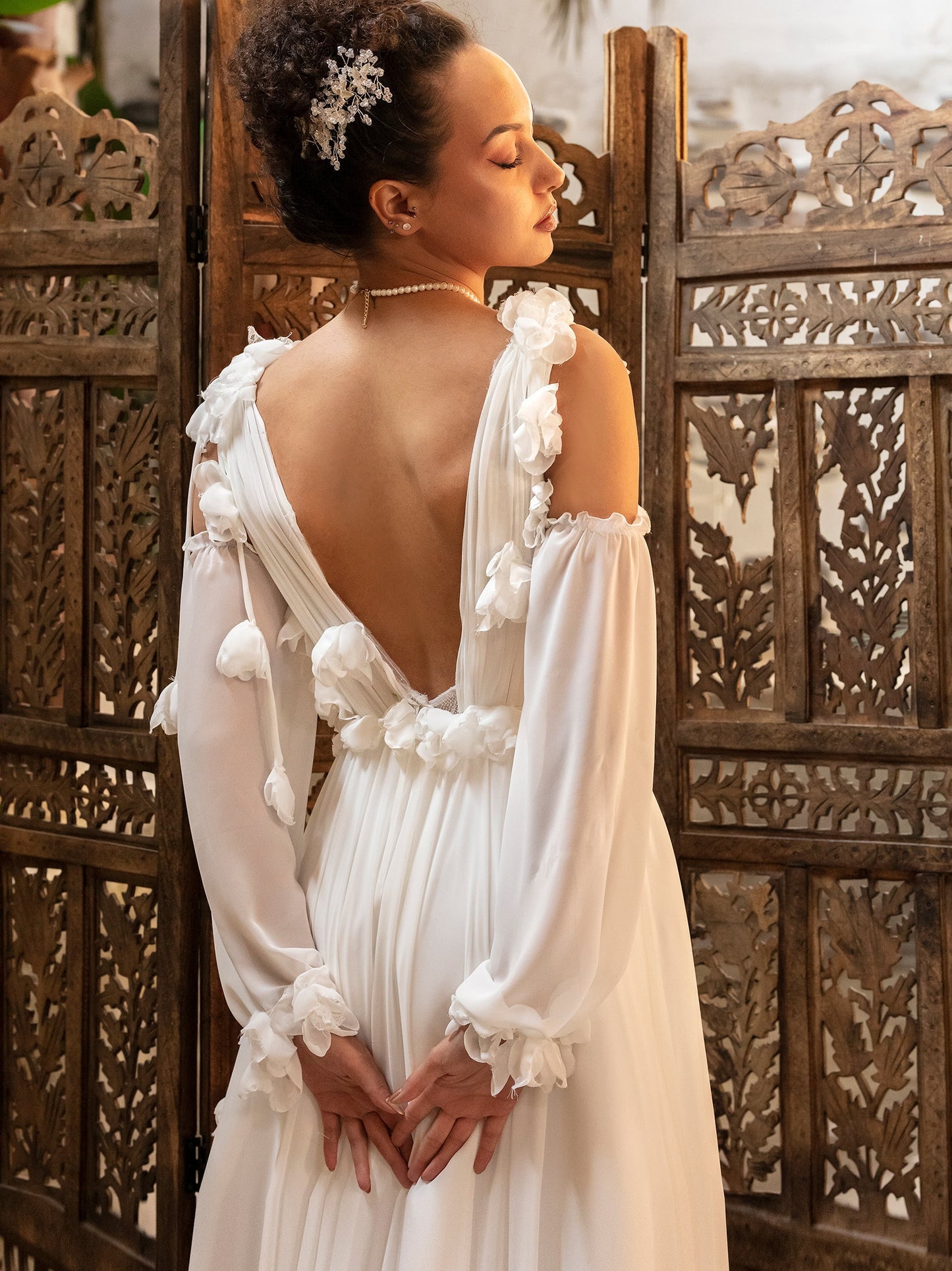 Chiffon Pleated V Neck Sleeveless 3D Floral Effortless Simple Flowing Bridal, Ceremony Gown With Matching Detached Sleeves