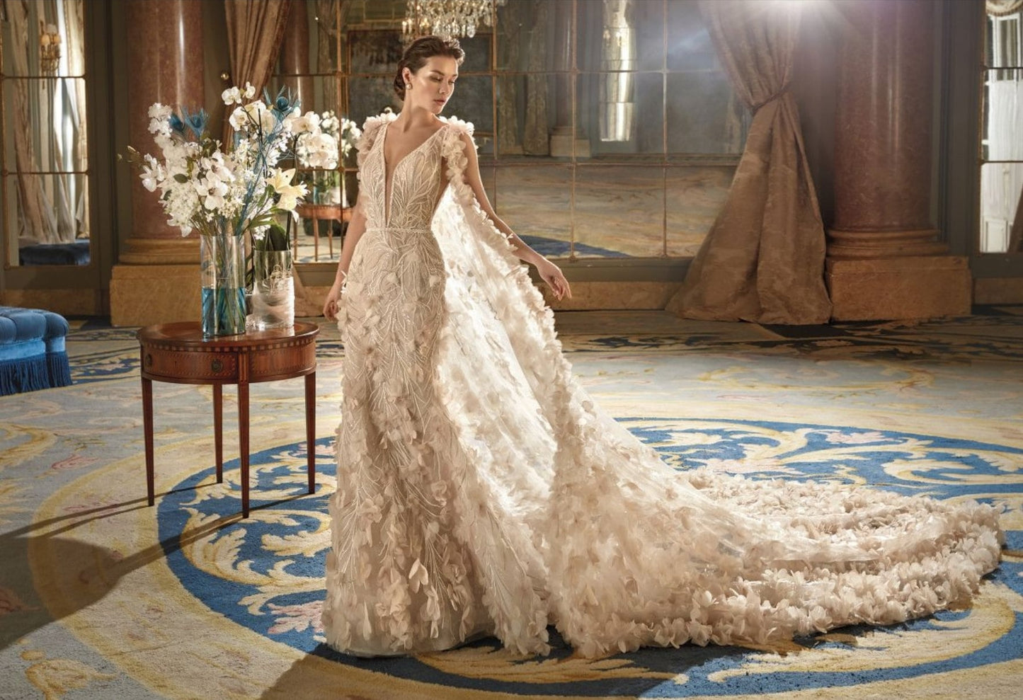 Sleeveless Plunging Neckline Sequin Floral Lace Trumpet Gown With Beaded 3D Floral Motiffs With Matching 3D Motiff Covered Sleeveless Cape