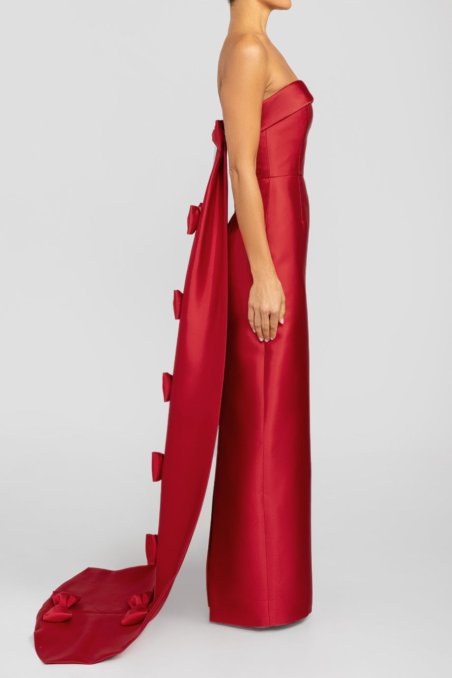 Strapless Satin Folded Boat Neck Pleated Sheath Mother Of The Bride, Special Occasion Gown With Multiple Bow Motiff Detailed Train