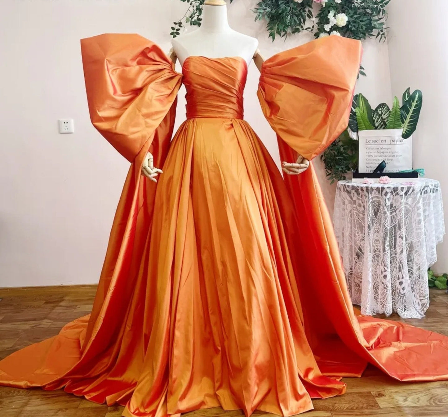 Detached Taffeta Dramatic Oversized Bicep Bow Floor Length Sleeves
