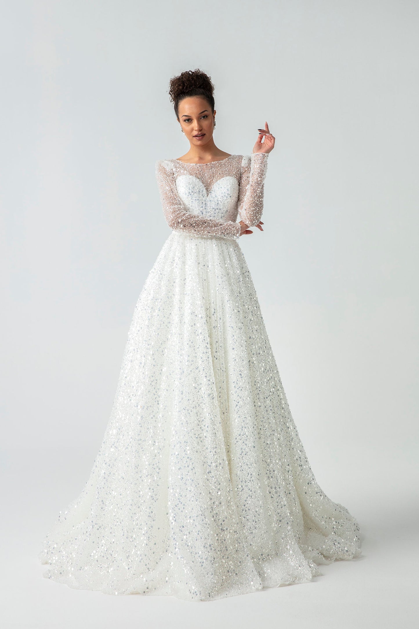 Sparkling Sheer Long Sleeve Sequin Covered Sweetheart A-Line Gown With Open V Back, Bow Knot Sash And Lace Up Enclosure