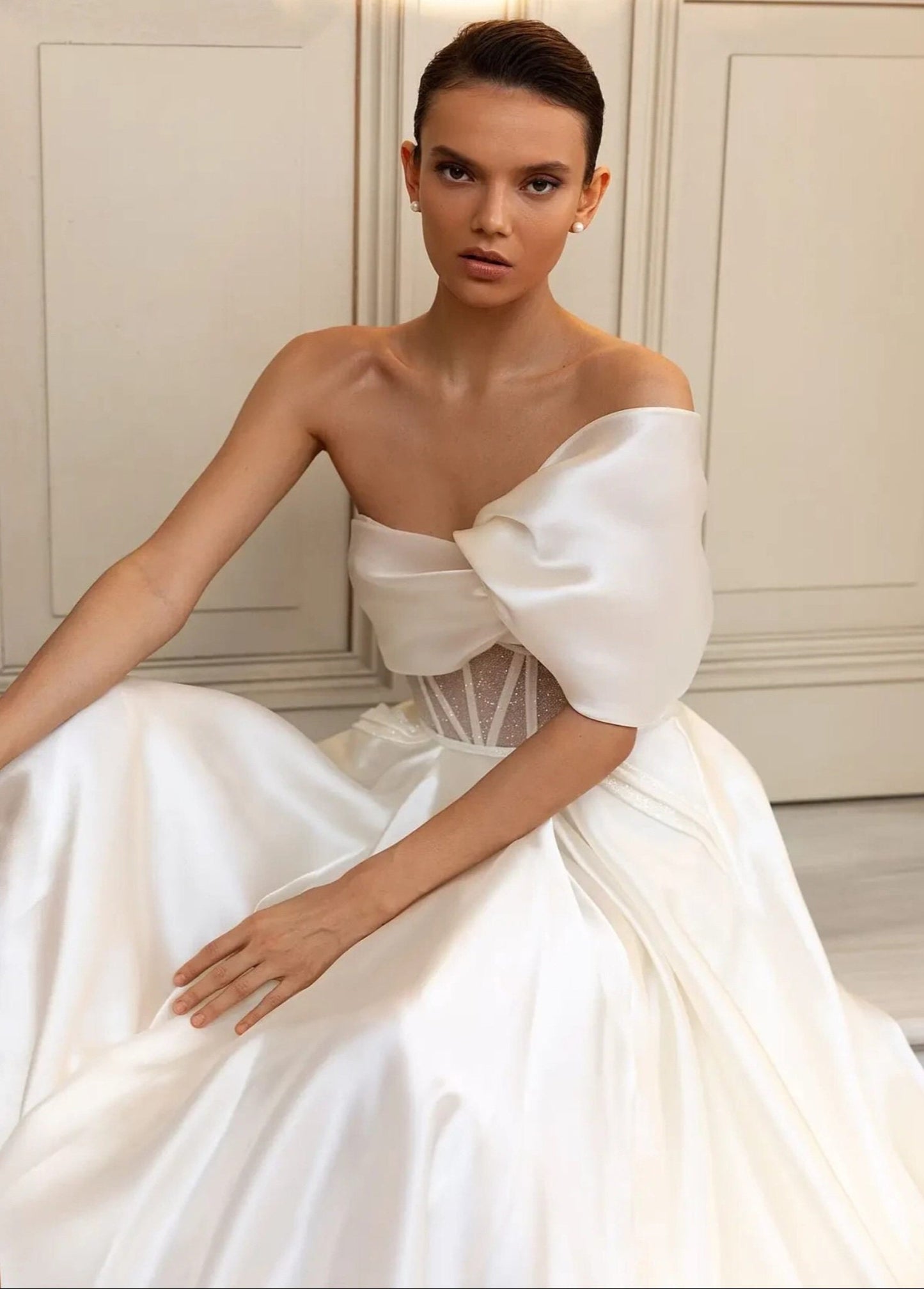 Pleated One Shoulder Shimmering Corset Bodice With A-Line Floor Length Skirt