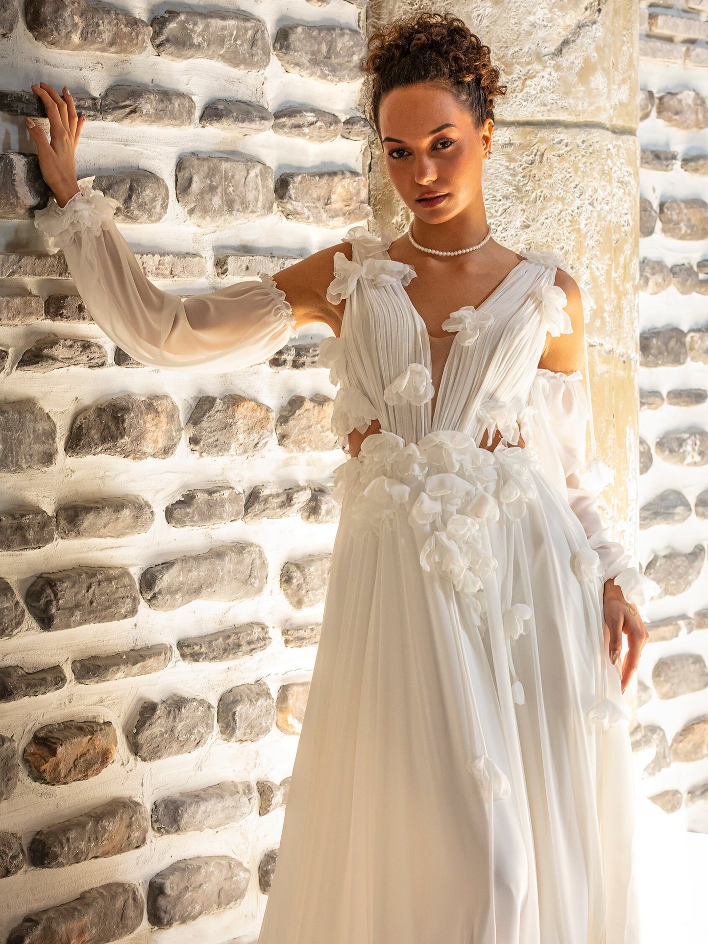 Chiffon Pleated V Neck Sleeveless 3D Floral Effortless Simple Flowing Bridal, Ceremony Gown With Matching Detached Sleeves